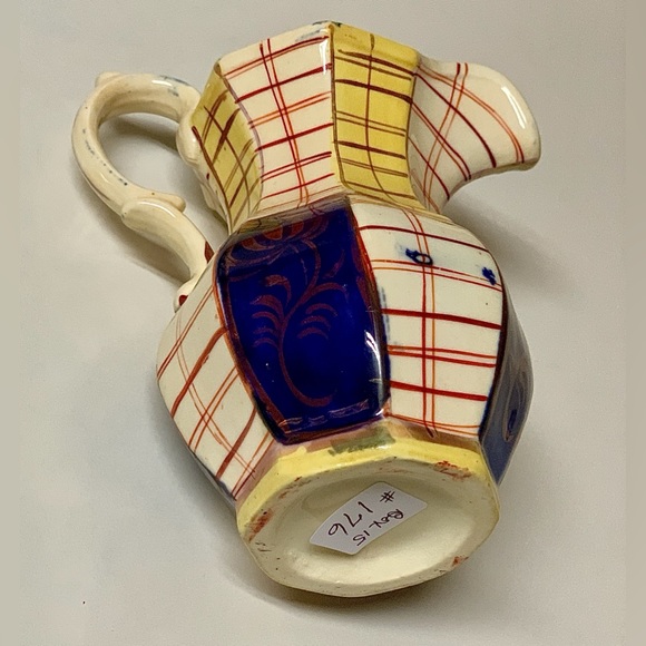 19th Century Gaudy Welsh Unrecorded Plaid Grid Pattern Jug Handled Pitcher - Picture 11 of 16